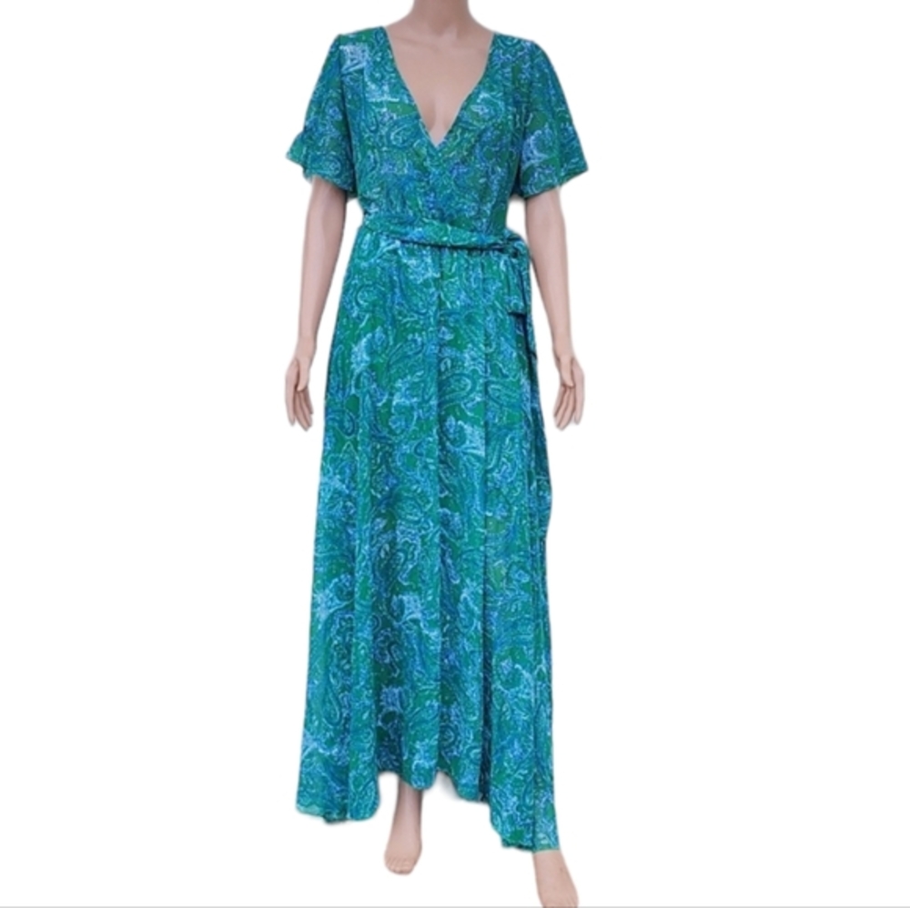 Indigo Rose Maxi dress Green and Blue V neck short sleeve‎ Size S Small